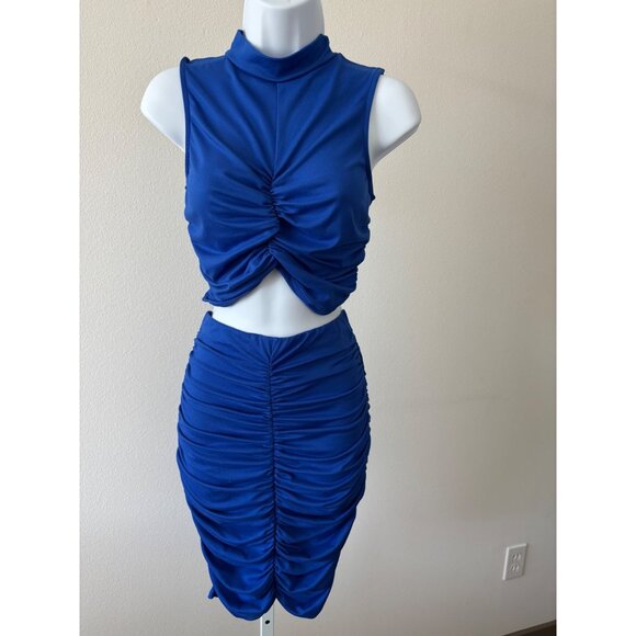 Fashion Nova Dresses & Skirts - Skirt & Crop Top Set Large BodyCon Blue Ruched Y2K Glam Cyber Grunge Festival
